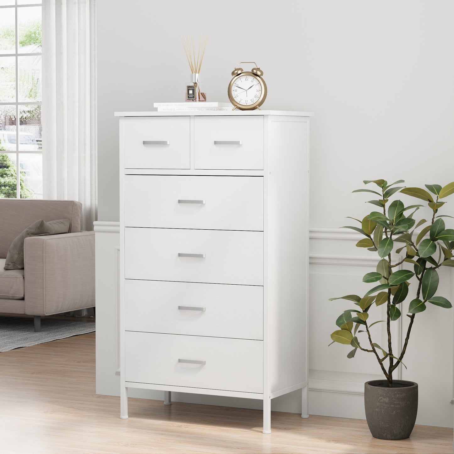 Slevoo 6 Drawer Dresser for Bedroom, Storage Cabinet Wooden Dresser, Steel Wood Frame, 42.1''H White