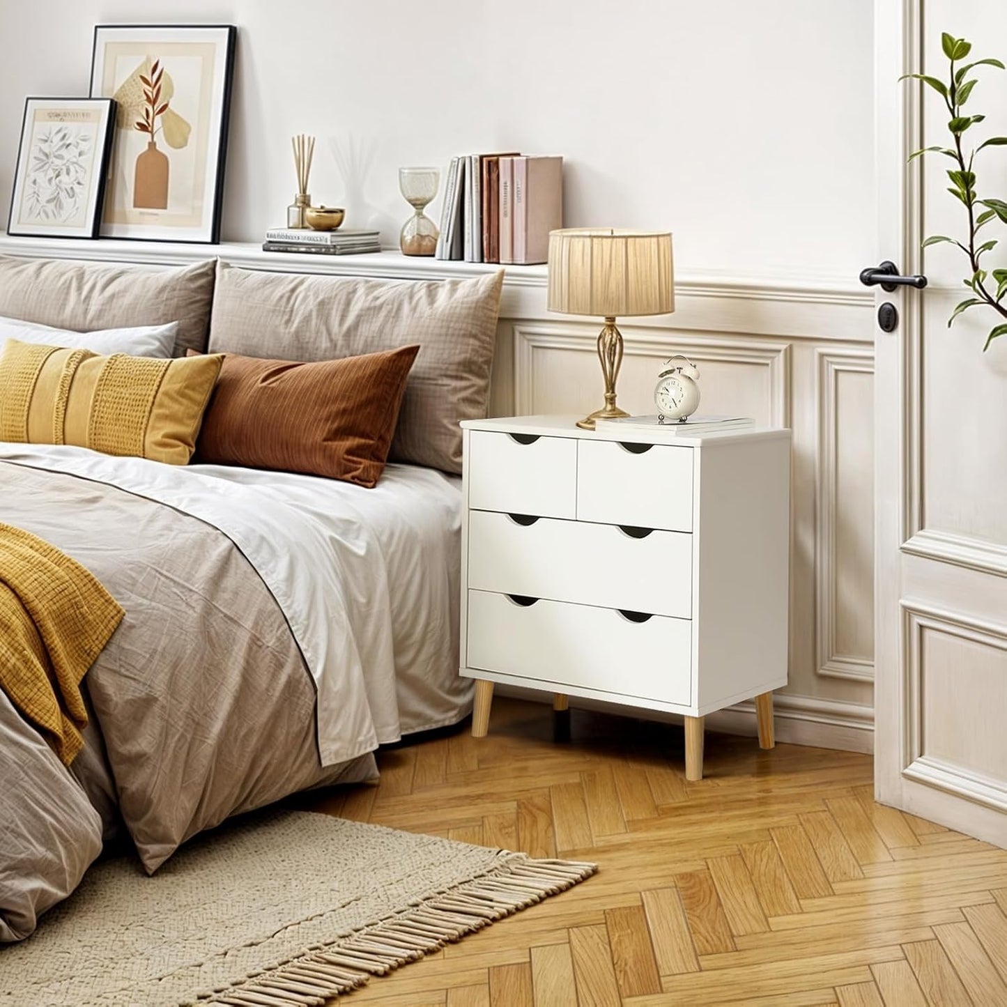 Slevoo 4 Drawers Dresser for Bedroom, 24.4''H White Drawer Dresser Nightstand with Solid Wood Legs