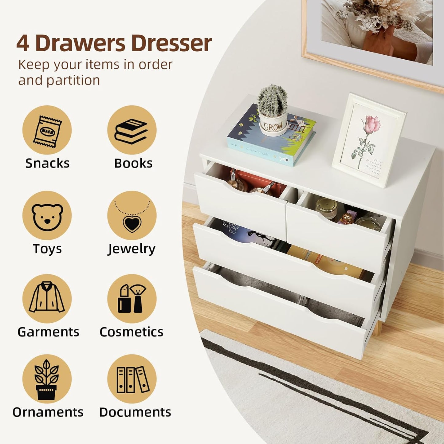 Slevoo 4 Drawers Dresser for Bedroom, 24.4''H White Drawer Dresser Nightstand with Solid Wood Legs