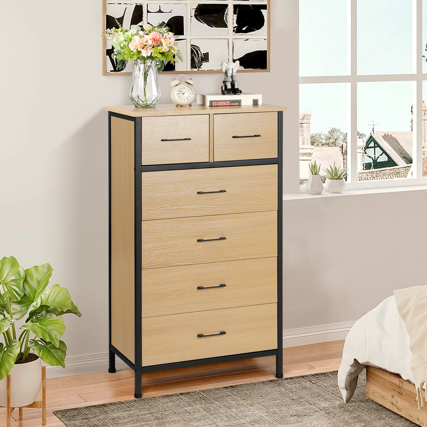 Slevoo 6 Drawer Dresser for Bedroom, Steeal Wood Frame, 42.1''H Oak