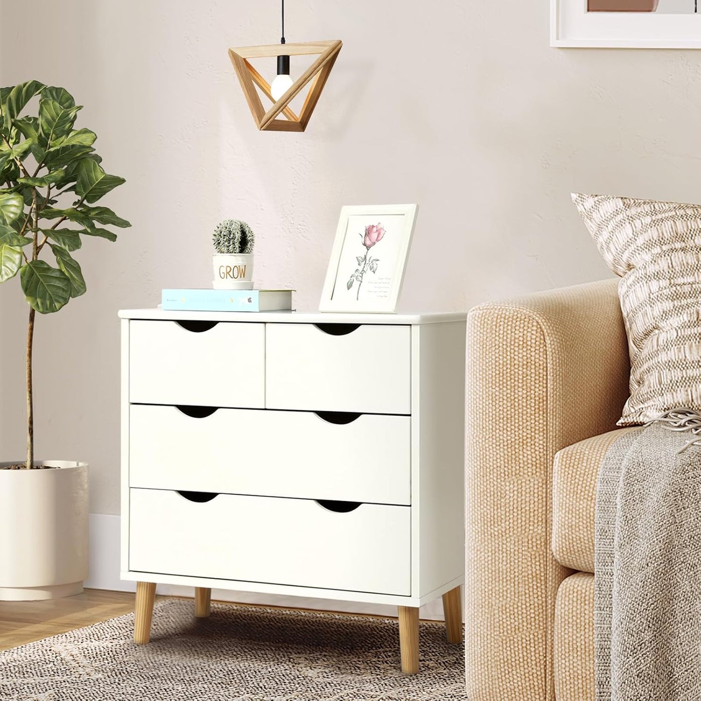 Slevoo 4 Drawers Dresser for Bedroom, 24.4''H White Drawer Dresser Nightstand with Solid Wood Legs