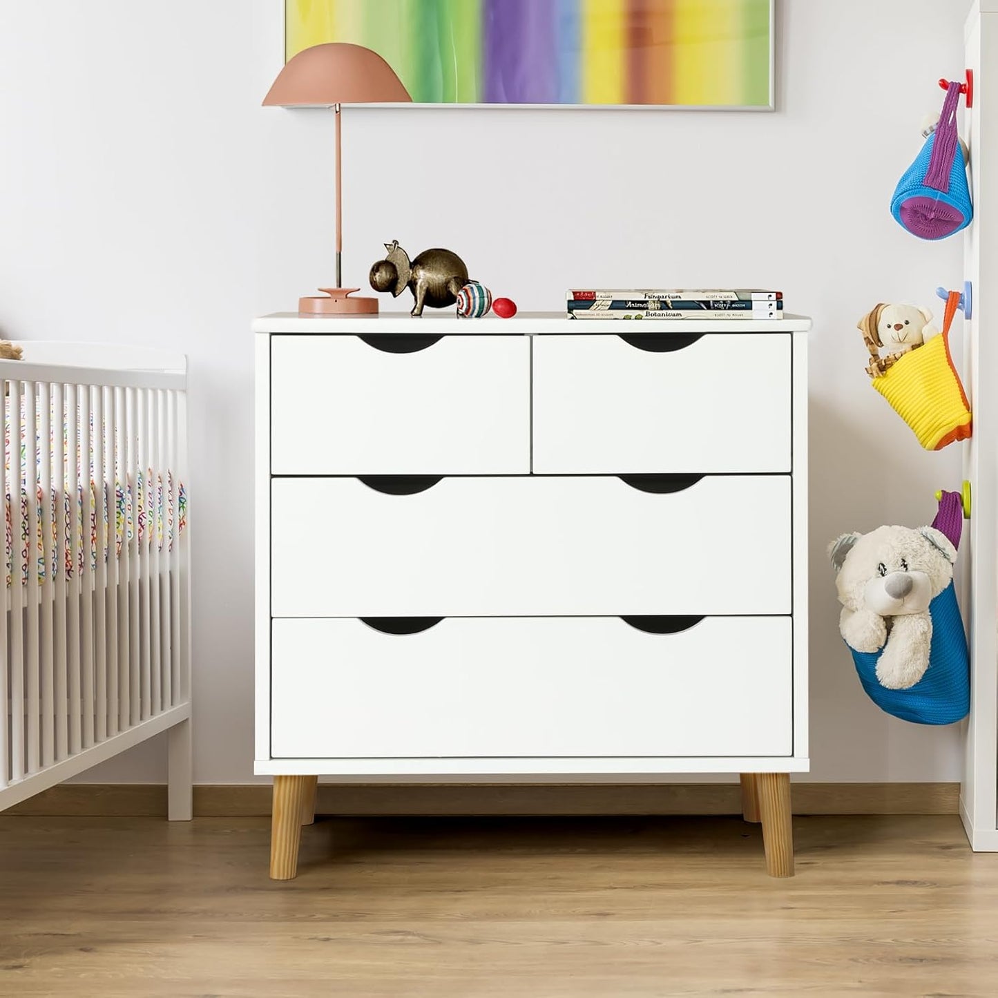 Slevoo 4 Drawers Dresser for Bedroom, 24.4''H White Drawer Dresser Nightstand with Solid Wood Legs