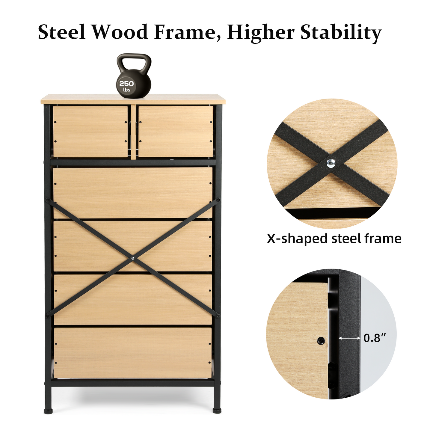 Slevoo 6 Drawer Dresser for Bedroom, Steeal Wood Frame, 42.1''H Oak