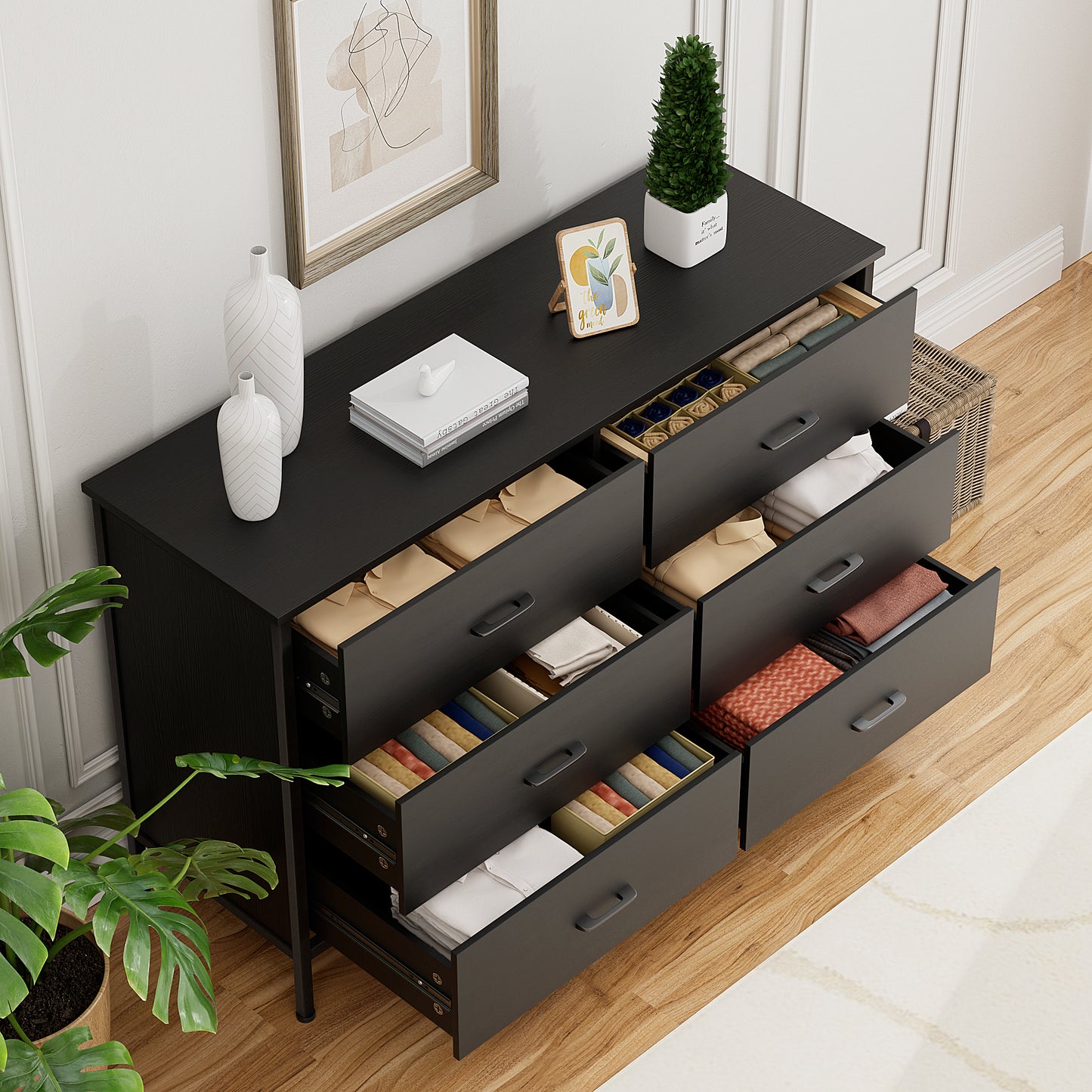 Slevoo 47.3" W Chest of Dressers 6 Drawers for Bedroom, Living Room, Hallway, Steel Wood Frame, Black