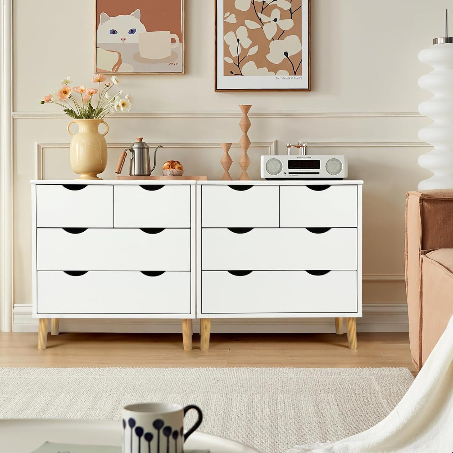 Slevoo 4 Drawers Dresser for Bedroom, 24.4''H White Drawer Dresser Nightstand with Solid Wood Legs