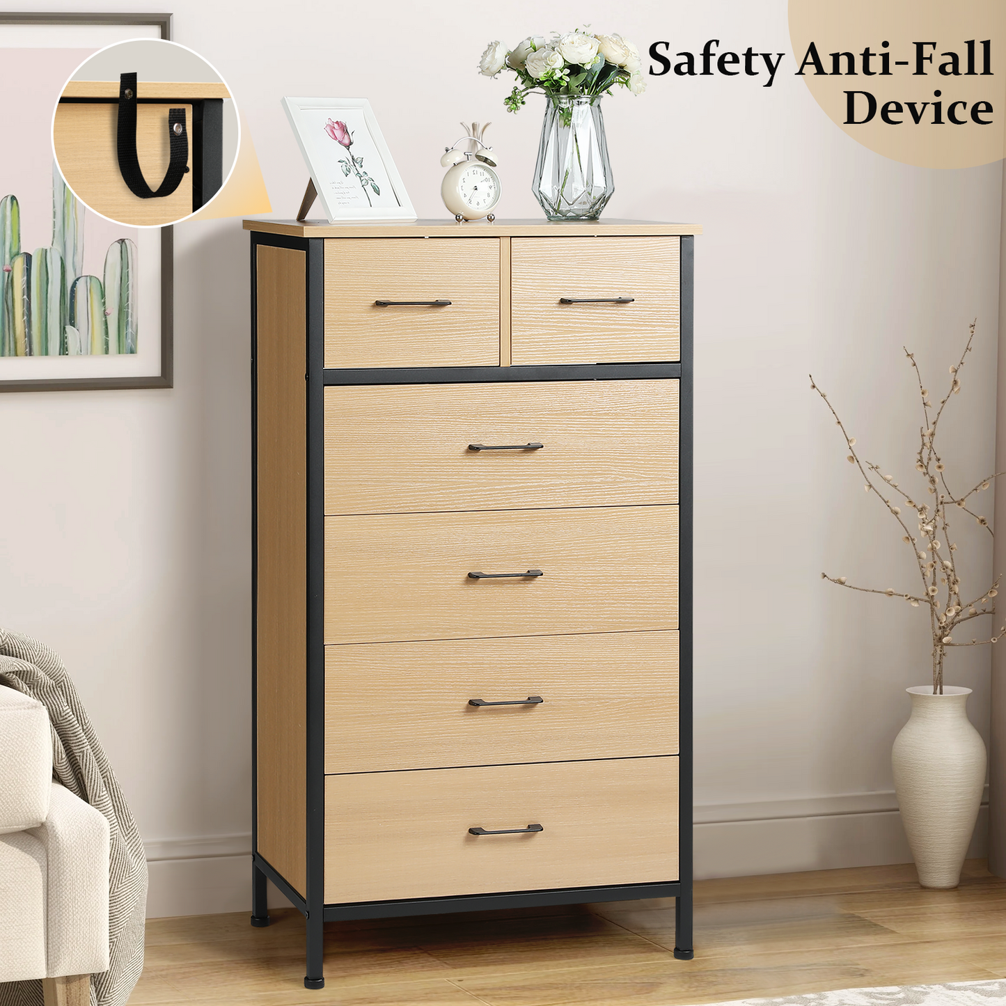 Slevoo 6 Drawer Dresser for Bedroom, Steeal Wood Frame, 42.1''H Oak