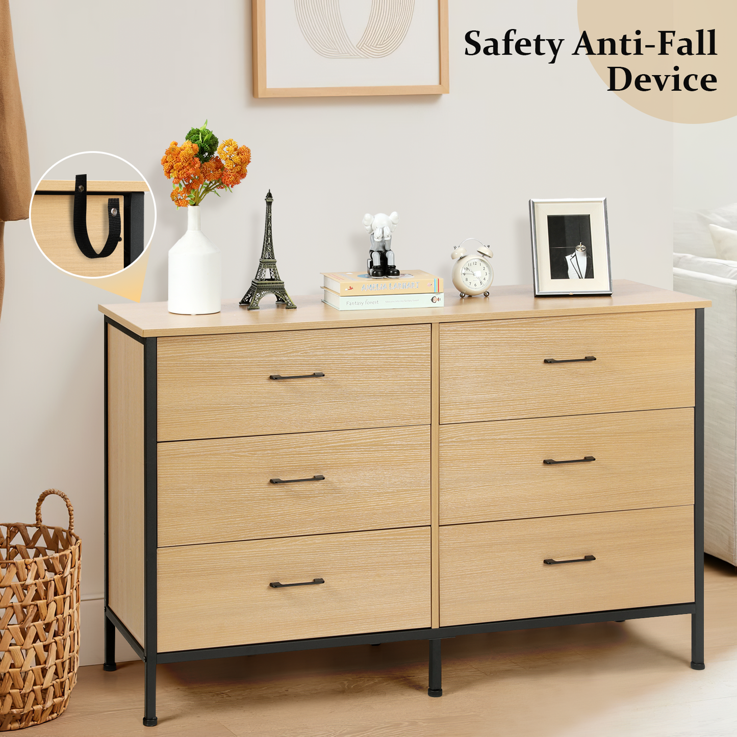 Slevoo 47.3" W Chest of Dressers 6 Drawers for Bedroom, Living Room, Hallway, Steel Wood Frame, Oak