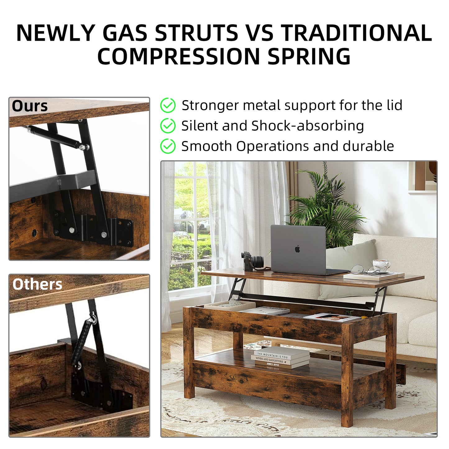 Slevoo Modern 41.7 in Lift Top Coffee Table with 2 Drawers Rectangle Metal Frame, Retro Wood