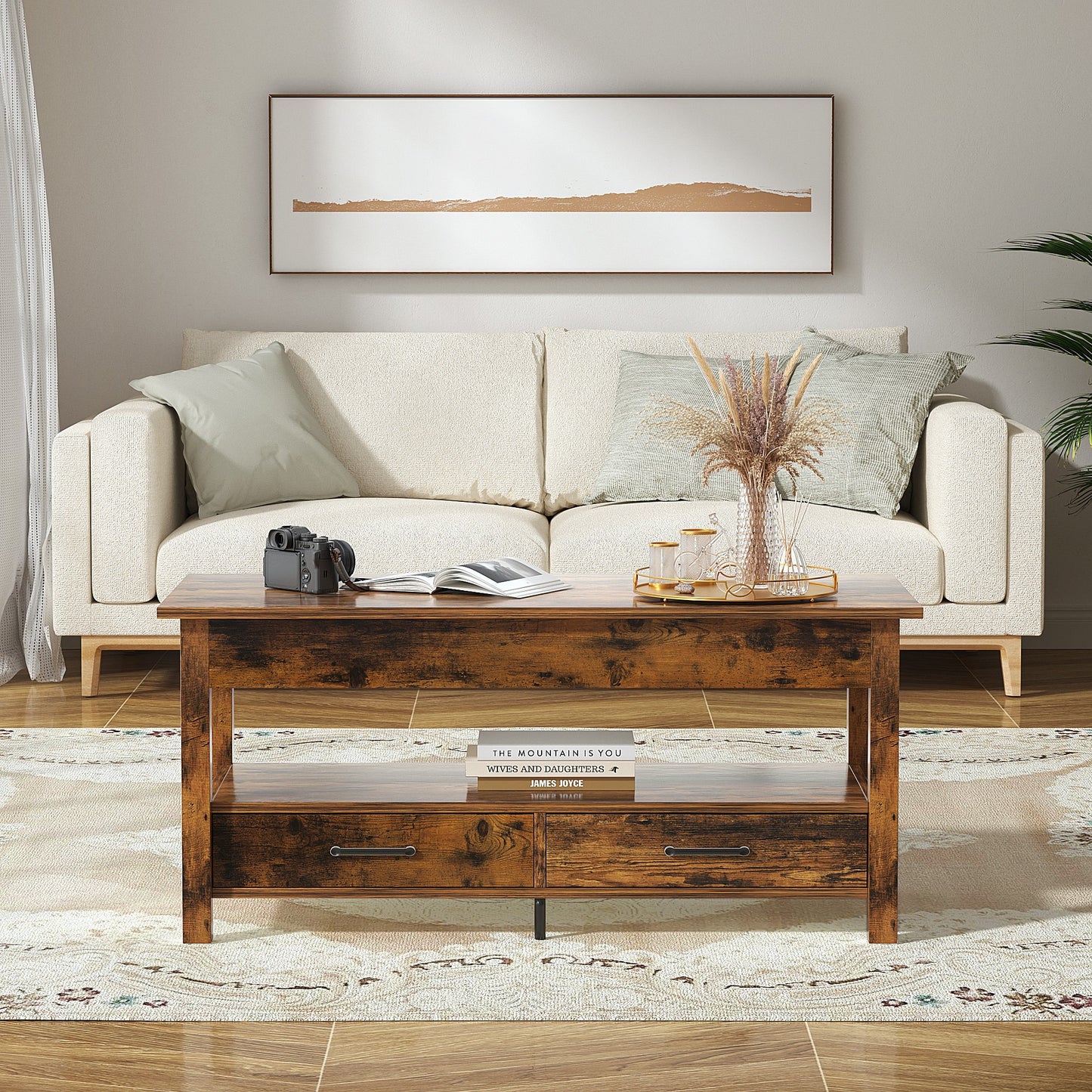 Slevoo Modern 41.7 in Lift Top Coffee Table with 2 Drawers Rectangle Metal Frame, Retro Wood