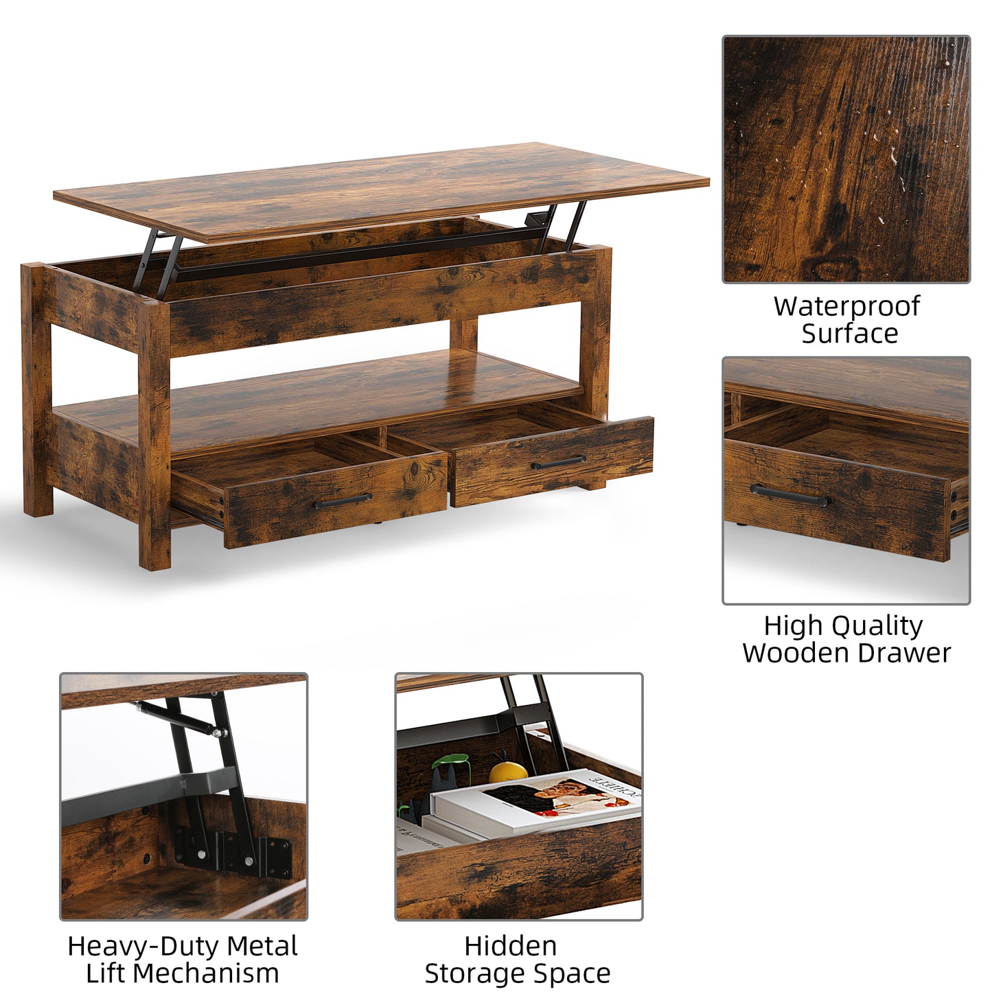 Slevoo Modern 41.7 in Lift Top Coffee Table with 2 Drawers Rectangle Metal Frame, Retro Wood