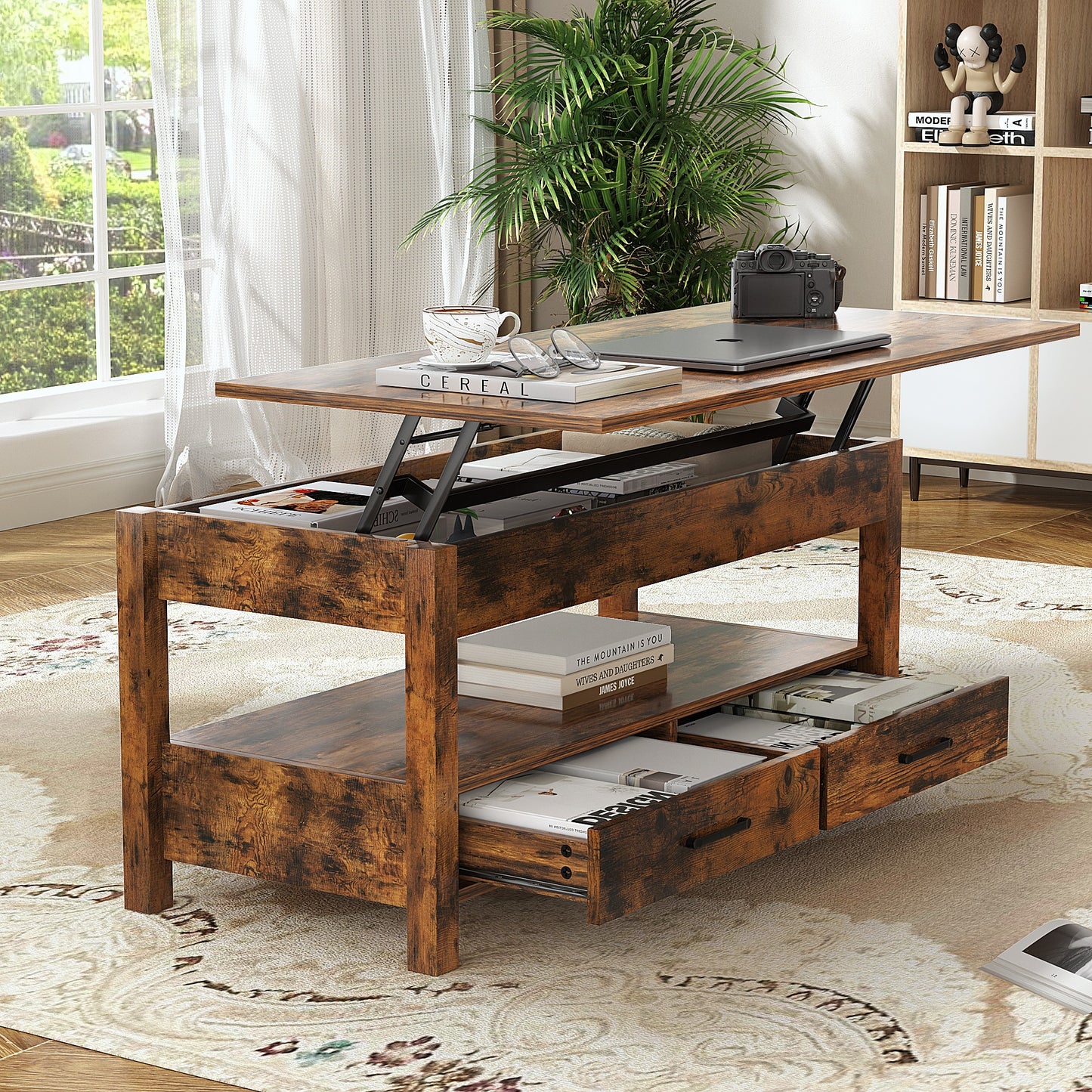 Slevoo Modern 41.7 in Lift Top Coffee Table with 2 Drawers Rectangle Metal Frame, Retro Wood