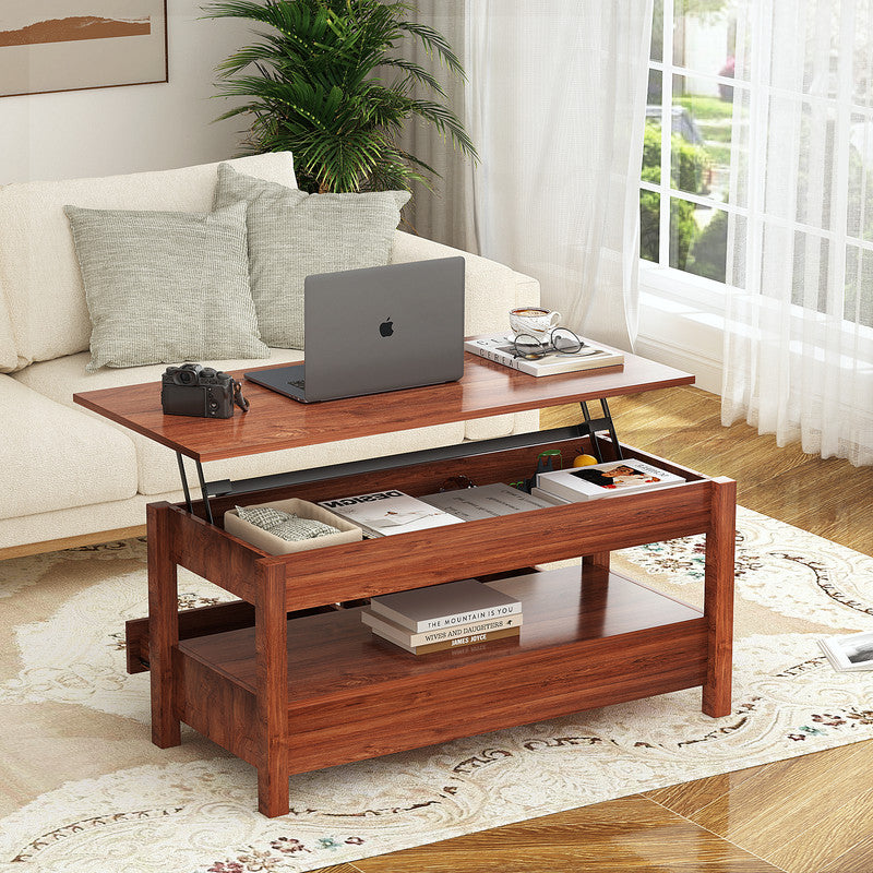 Slevoo Modern 41.7 in Lift Top Coffee Table with 2 Drawers Rectangle Metal Frame, Cherry Wood