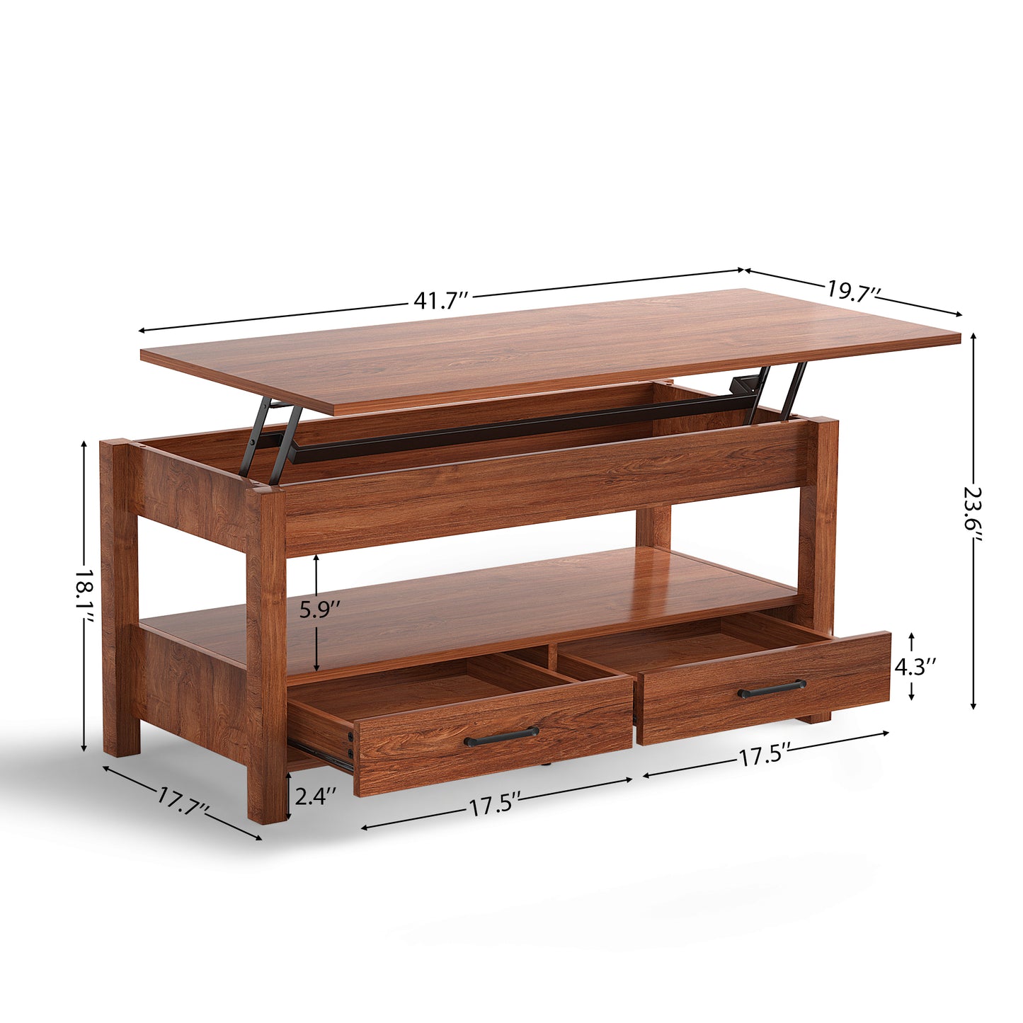 Slevoo Modern 41.7 in Lift Top Coffee Table with 2 Drawers Rectangle Metal Frame, Cherry Wood