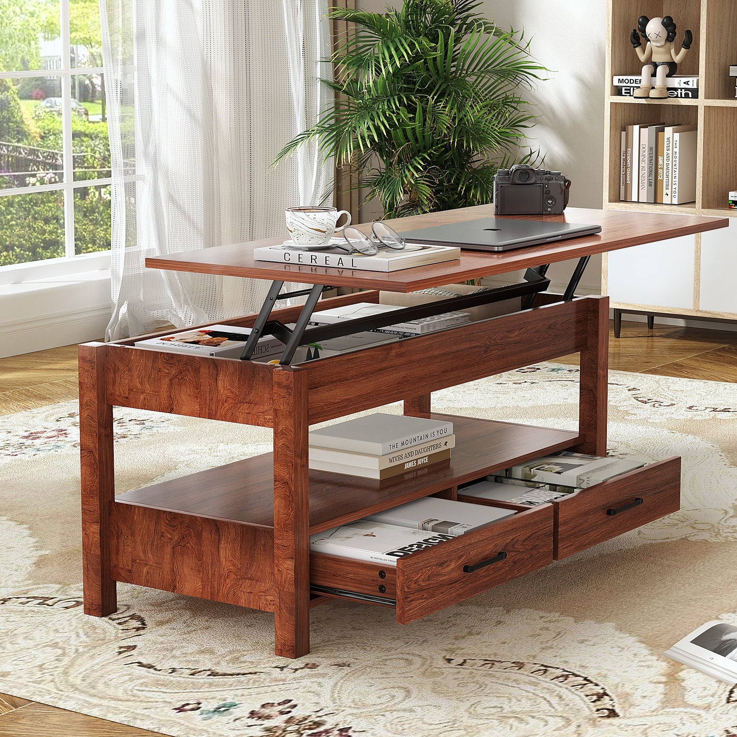 Slevoo Modern 41.7 in Lift Top Coffee Table with 2 Drawers Rectangle Metal Frame, Cherry Wood