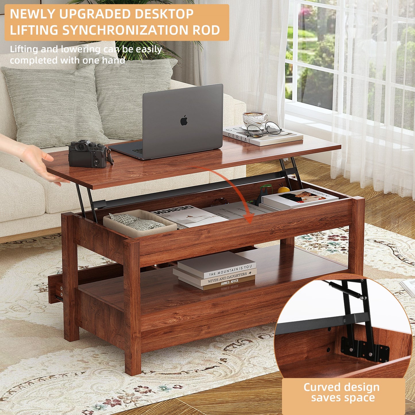 Slevoo Modern 41.7 in Lift Top Coffee Table with 2 Drawers Rectangle Metal Frame, Cherry Wood