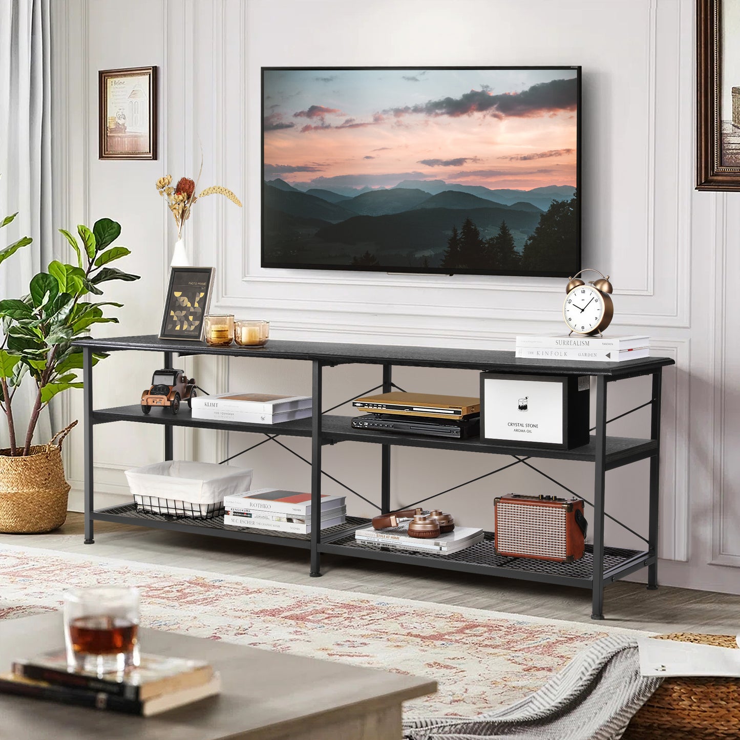 TV Stand for TV up to 70" TV Shelves Table Entertainment Center for Living Room, Wood Finish, Black