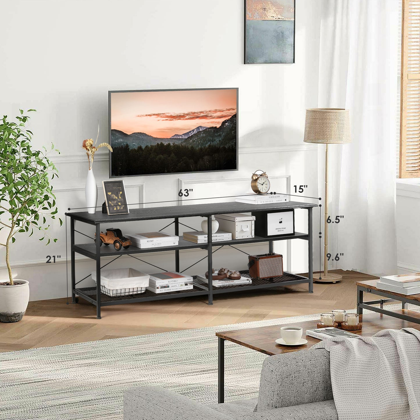 TV Stand for TV up to 70" TV Shelves Table Entertainment Center for Living Room, Wood Finish, Black
