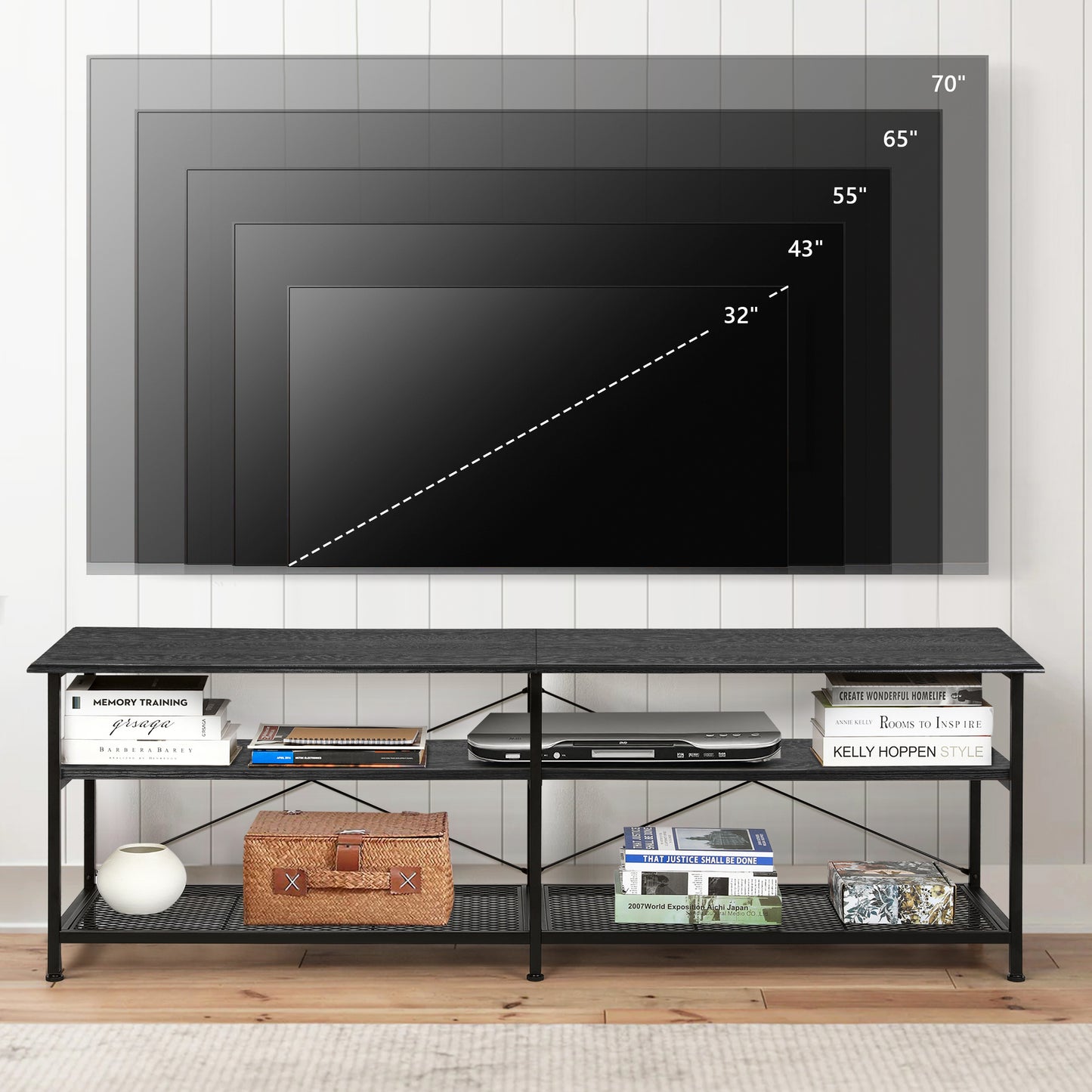 TV Stand for TV up to 70" TV Shelves Table Entertainment Center for Living Room, Wood Finish, Black