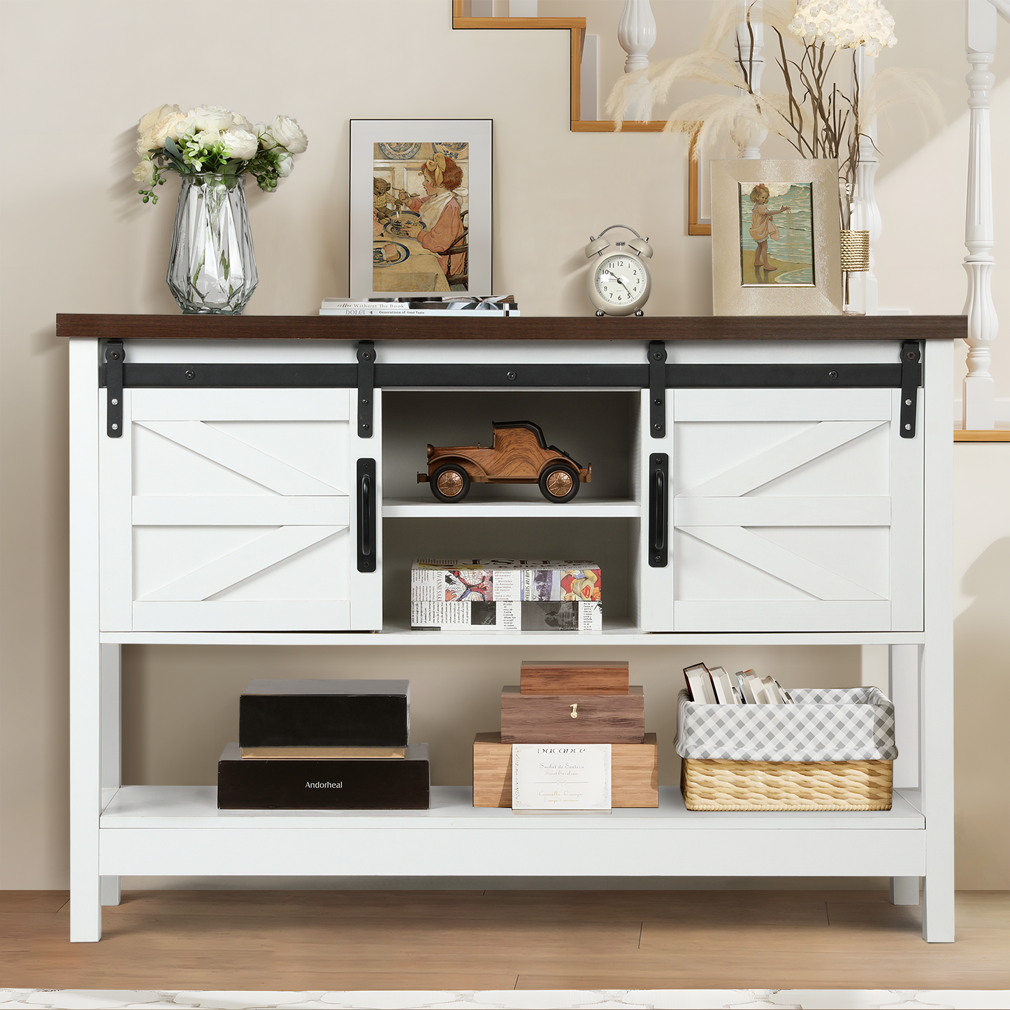 Slevoo 46" Farmhouse Console Table, Entryway Table with Sliding Barn Door and Adjustable Shelf White