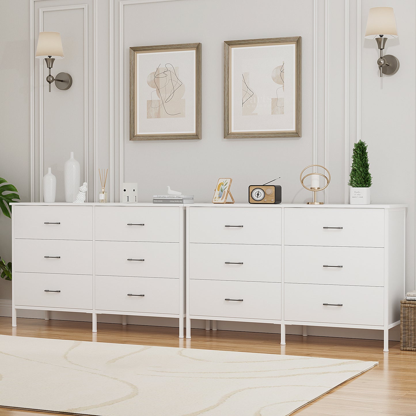 Slevoo 47.3" W Chest of Dressers 6 Drawers for Bedroom, Living Room, Hallway, Steel Wood Frame, White