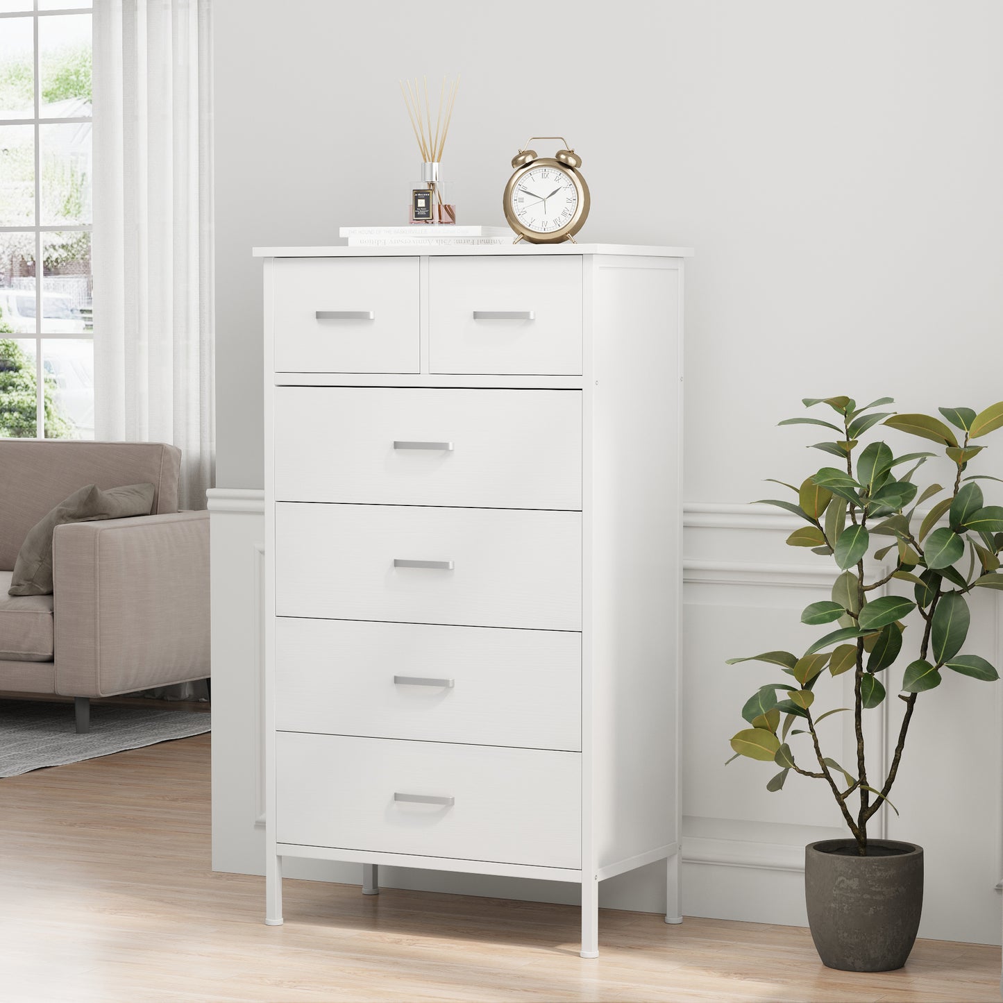 Slevoo 6 Drawer Dresser for Bedroom, Storage Cabinet Wooden Dresser, Steel Wood Frame, 42.1''H White