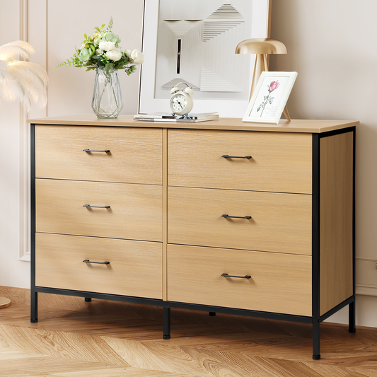 Slevoo 47.3" W Chest of Dressers 6 Drawers for Bedroom, Living Room, Hallway, Steel Wood Frame, Oak