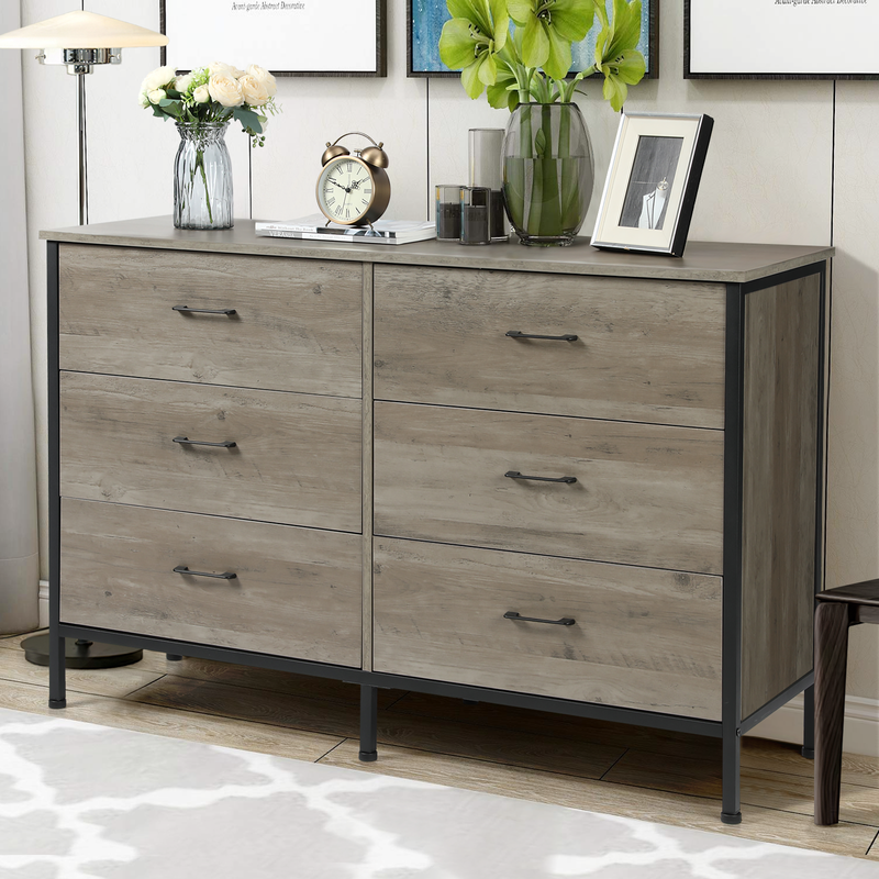 Slevoo 47.3" W Chest of Dressers 6 Drawers for Bedroom, Living Room, Hallway, Steel Wood Frame, Grey