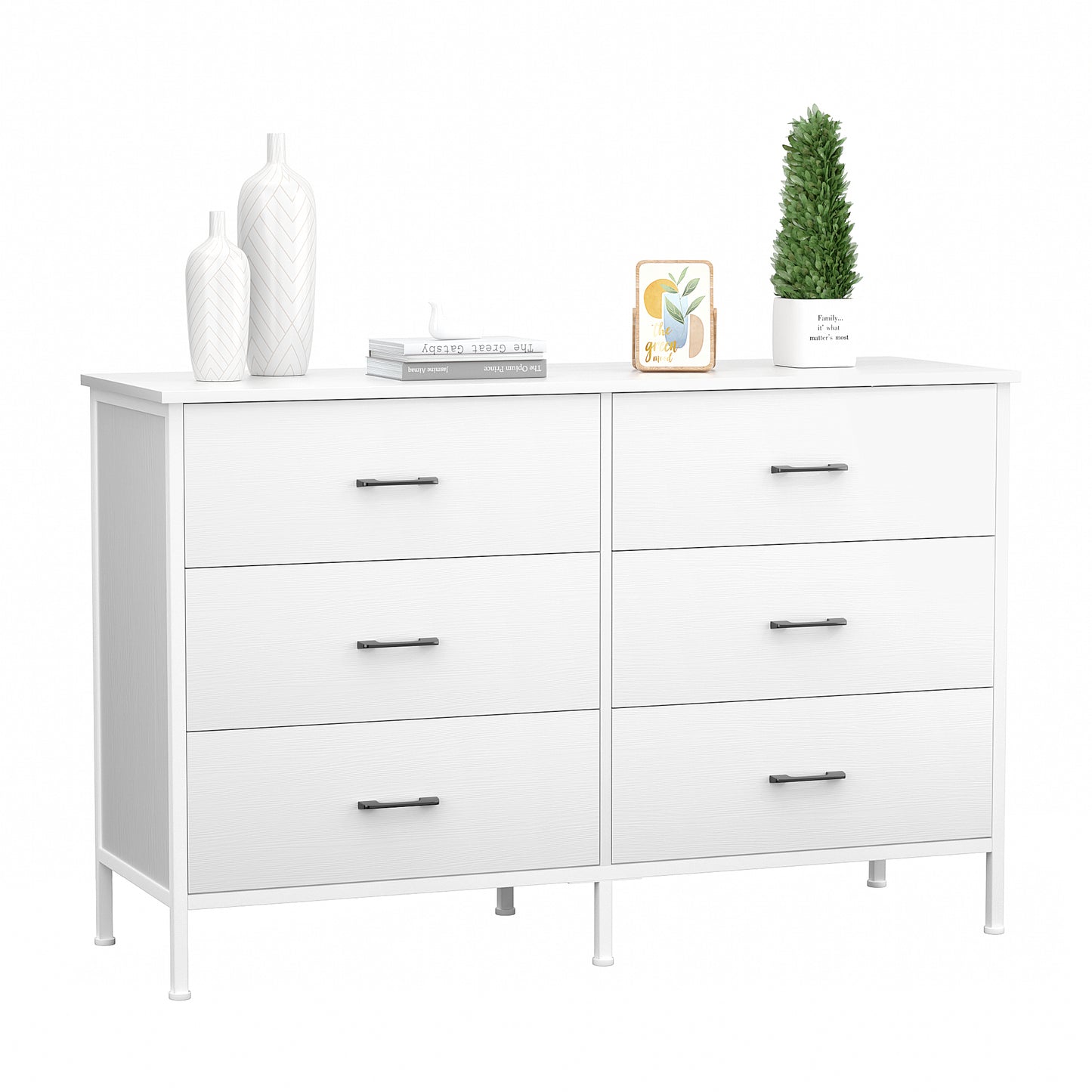 Slevoo 47.3" W Chest of Dressers 6 Drawers for Bedroom, Living Room, Hallway, Steel Wood Frame, White