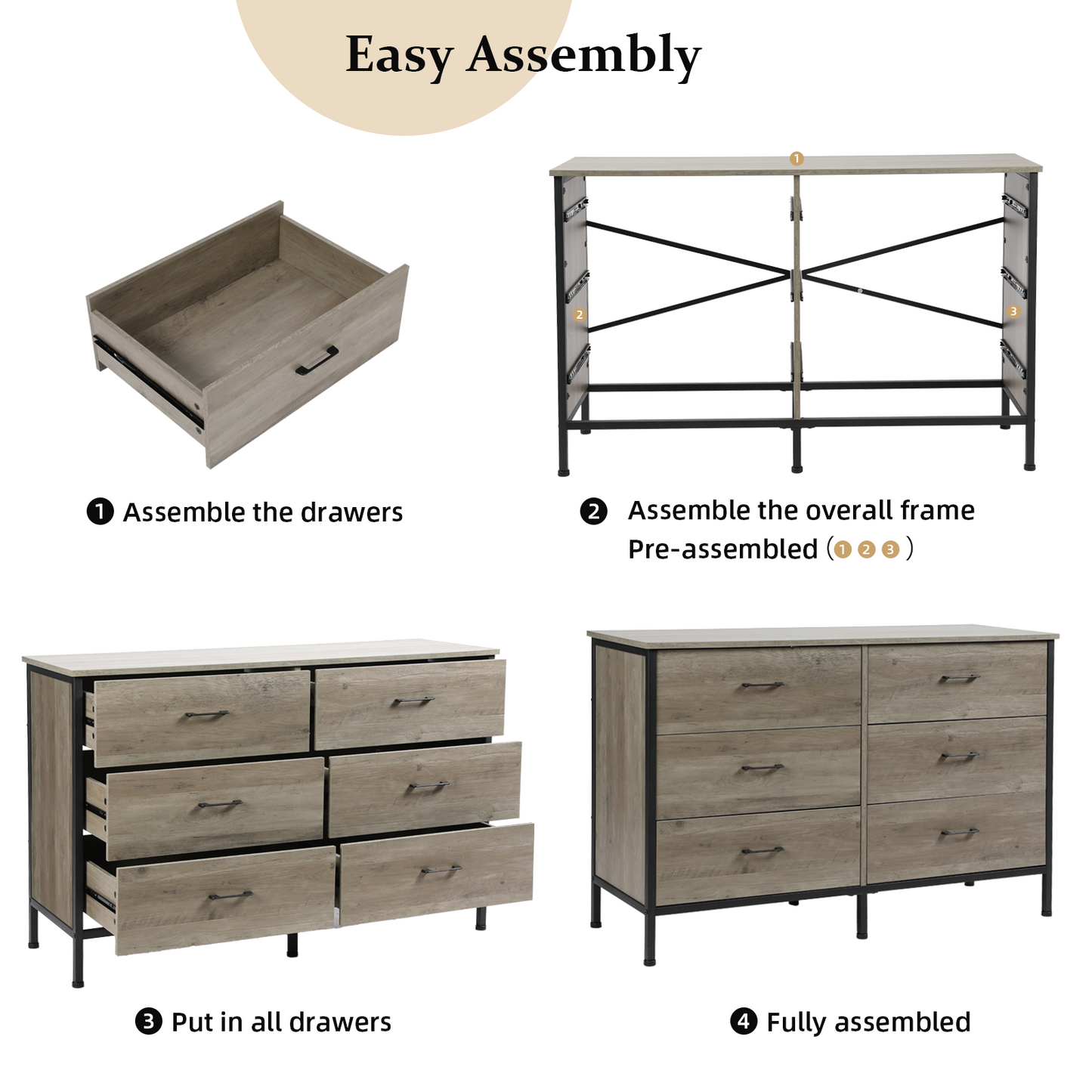 Slevoo 47.3" W Chest of Dressers 6 Drawers for Bedroom, Living Room, Hallway, Steel Wood Frame, Grey