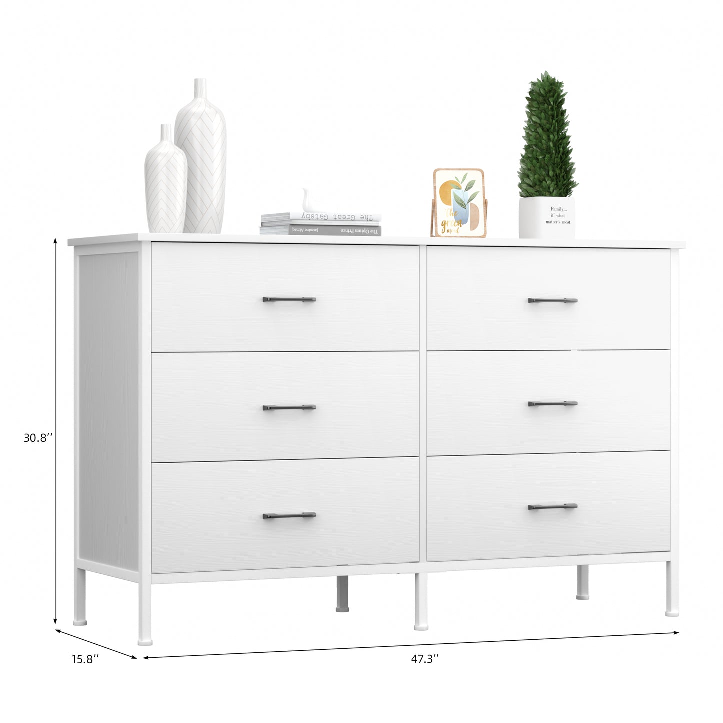 Slevoo 47.3" W Chest of Dressers 6 Drawers for Bedroom, Living Room, Hallway, Steel Wood Frame, White