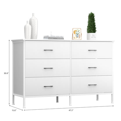 Slevoo 47.3" W Chest of Dressers 6 Drawers for Bedroom, Living Room, Hallway, Steel Wood Frame, White