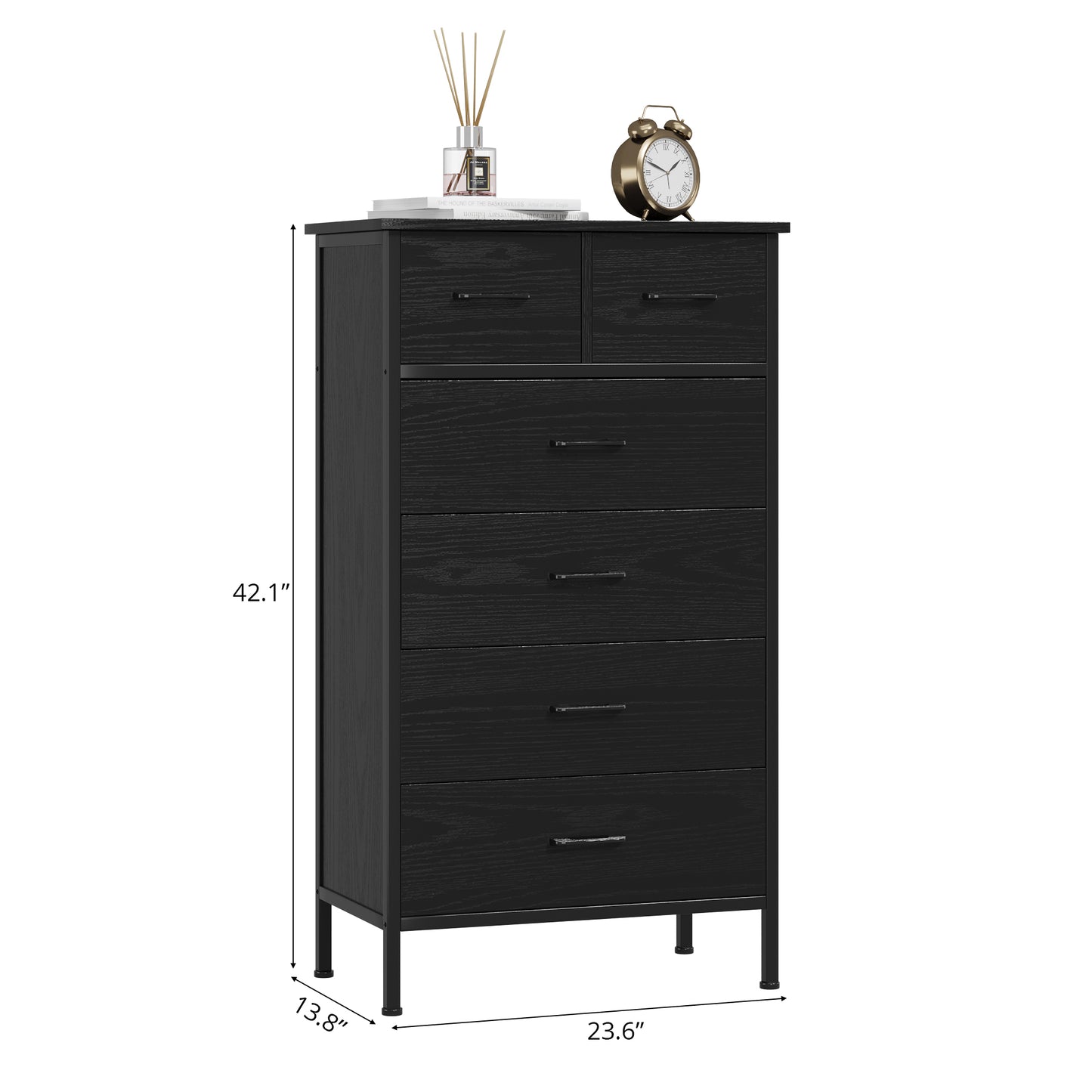 Slevoo 6 Drawer Dresser for Bedroom, Storage Cabinet Wooden Dresser, Steel Wood Frame, 42.1''H Black