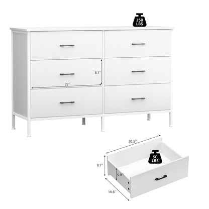 Slevoo 47.3" W Chest of Dressers 6 Drawers for Bedroom, Living Room, Hallway, Steel Wood Frame, White