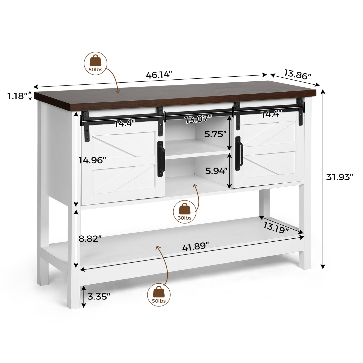 Slevoo 46" Farmhouse Console Table, Entryway Table with Sliding Barn Door and Adjustable Shelf White