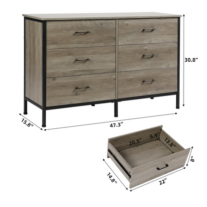 Slevoo 47.3" W Chest of Dressers 6 Drawers for Bedroom, Living Room, Hallway, Steel Wood Frame, Grey