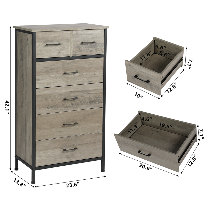 Slevoo 6 Drawer Dresser for Bedroom, Steeal Wood Frame, 42.1''H Grey