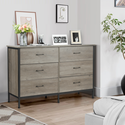 Slevoo 47.3" W Chest of Dressers 6 Drawers for Bedroom, Living Room, Hallway, Steel Wood Frame, Grey