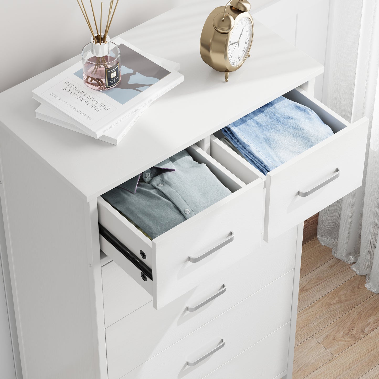 Slevoo 6 Drawer Dresser for Bedroom, Storage Cabinet Wooden Dresser, Steel Wood Frame, 42.1''H White