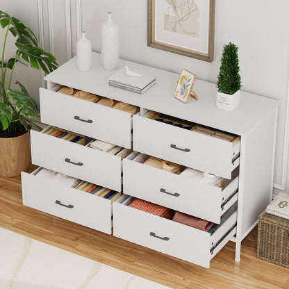 Slevoo 47.3" W Chest of Dressers 6 Drawers for Bedroom, Living Room, Hallway, Steel Wood Frame, White