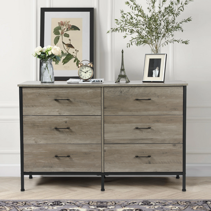 Slevoo 47.3" W Chest of Dressers 6 Drawers for Bedroom, Living Room, Hallway, Steel Wood Frame, Grey