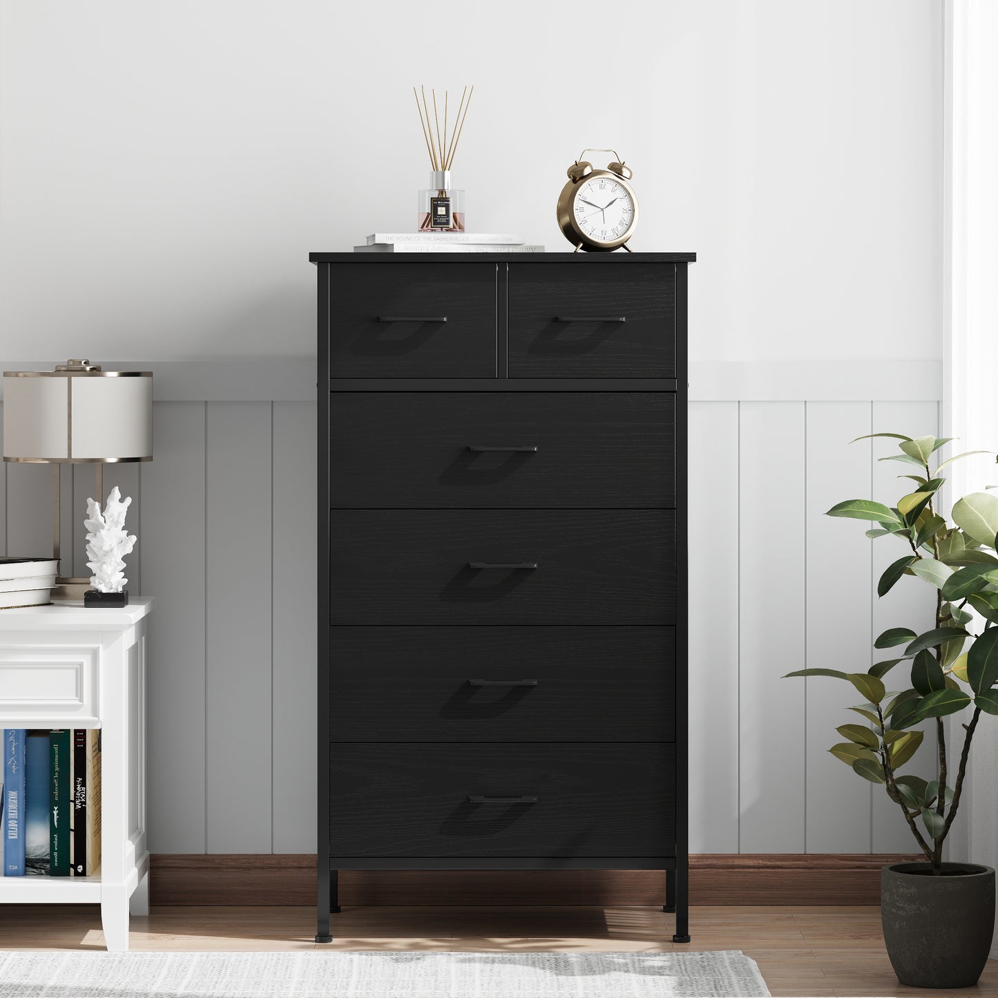 Slevoo 6 Drawer Dresser for Bedroom, Storage Cabinet Wooden Dresser, Steel Wood Frame, 42.1''H Black