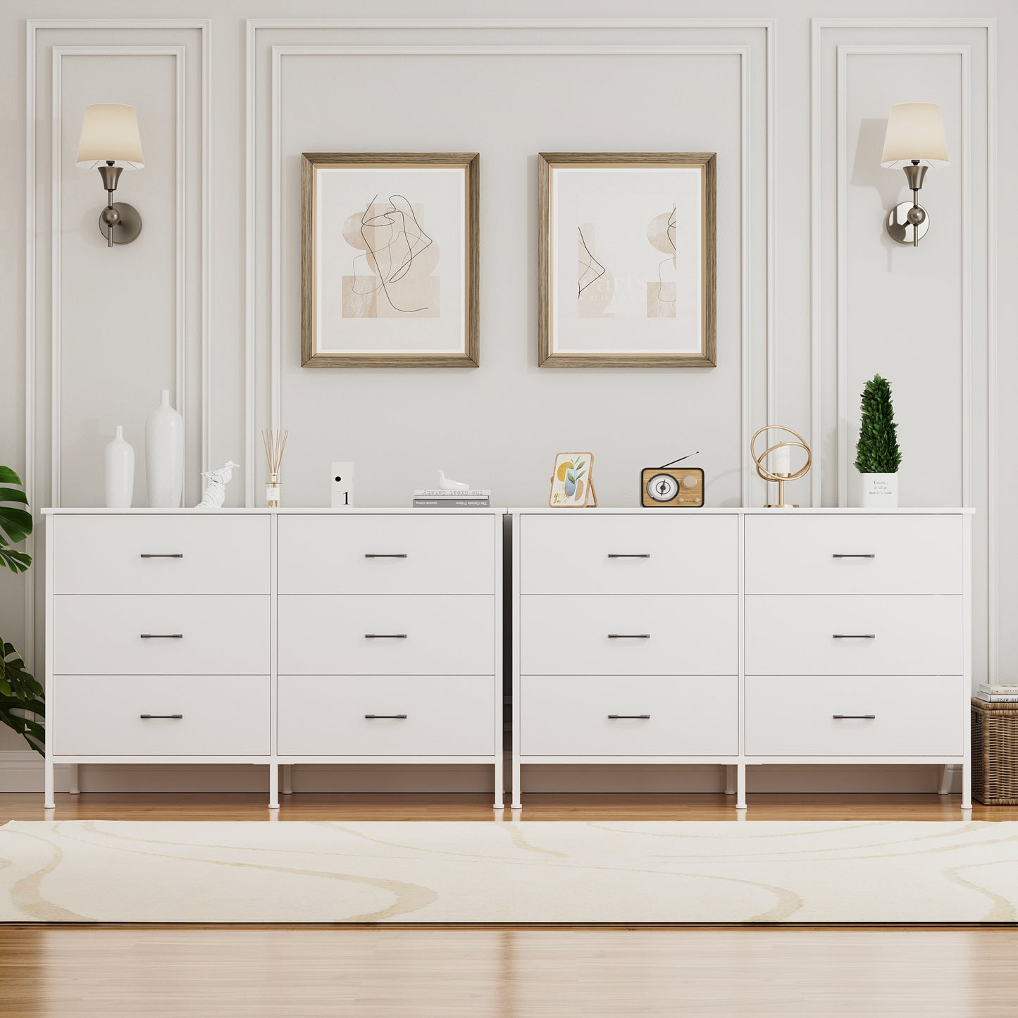 Slevoo 47.3" W Chest of Dressers 6 Drawers for Bedroom, Living Room, Hallway, Steel Wood Frame, White