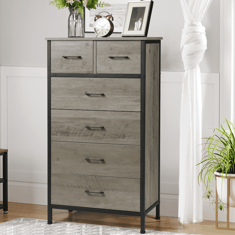 Slevoo 6 Drawer Dresser for Bedroom, Steeal Wood Frame, 42.1''H Grey